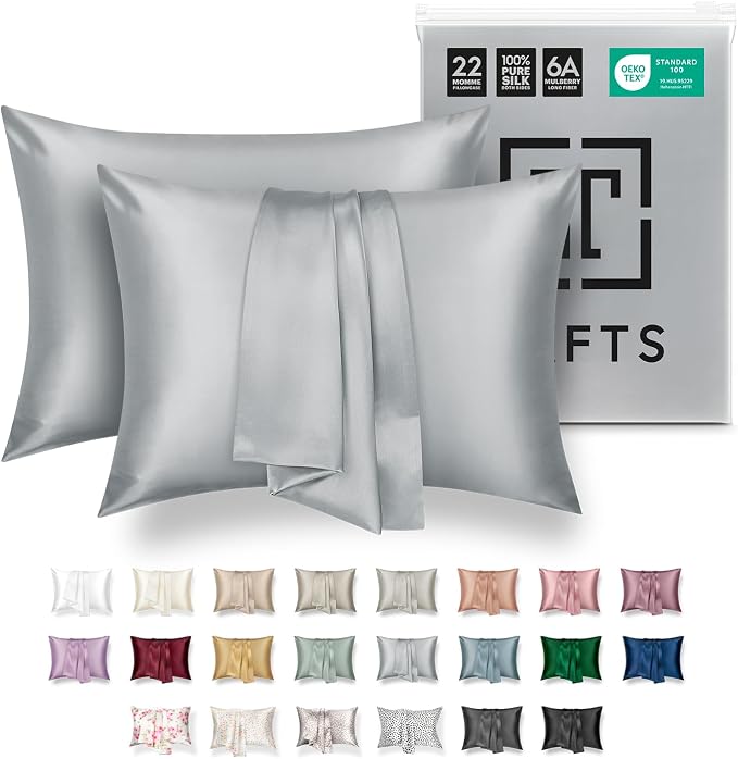 Tafts Silk Pillow Cases - 22mm 100% Pure Mulberry 6A Silk Pillowcase for Hair & Skin with Zipper Closure, Cooling, Natural, Organic, Double Sided Silk Pillow Case (Silver Grey, King 20x36, 2pc)