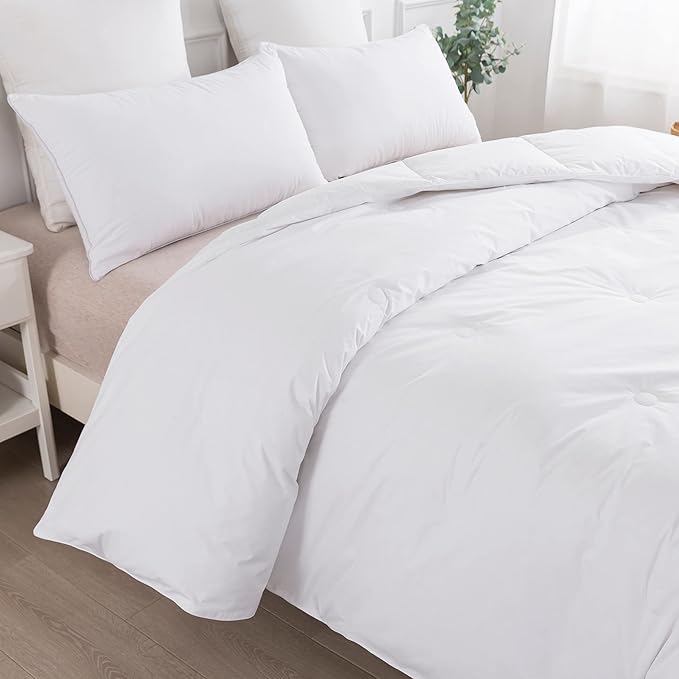 Feather and Loom Button Stitch Down Alternative All Seasons Comforter - Soft and Easy Care Microfiber Cover, Hypoallergenic High Loft Fiber Fill, Machine Washable Color: White Size: Twin