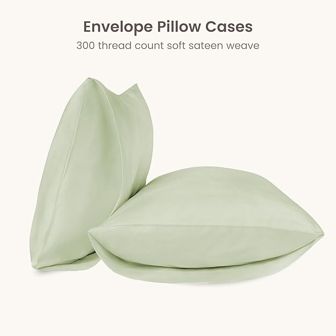 Bioweaves 100% Organic Cotton Envelope Pillow Cases 300 Thread Count Soft Sateen Weave GOTS Certified – 20 X 27, Set of 2, Pastel Green
