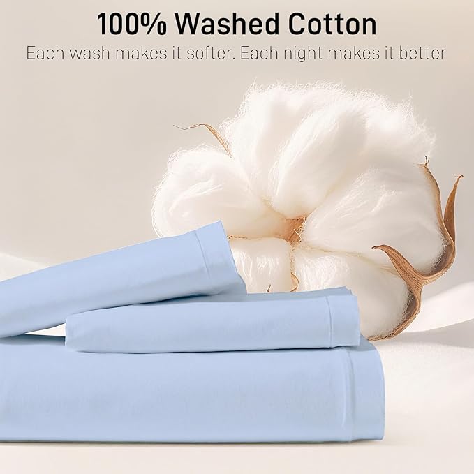 Duvet Cover Set Queen Size, 100% Washed Cotton, Light Weight Breathable Comforter Cover Linen Feel, 3PCs Breathable Bedding Set for All Season, Blue 90"x90"