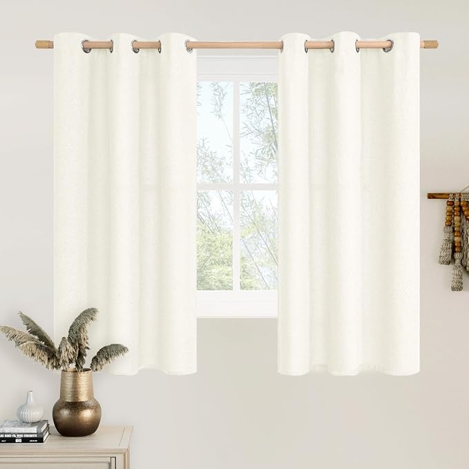 LAMIT LAMT Ivory Linen Curtains 45 Inch Length for Kitchen 2 Panels, Faux Linen Textured Light Filtering Drapes Grommet Short Privacy Window Treatments for Bathroom/Bedroom/Windows, 42 X 45 Inch