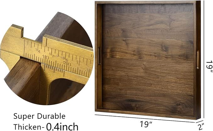 19 x 19 Inches Black Walnut Large Ottoman Tray Solid Wooden Table Square Platter Decorative Serving Tray with Handles for Oversized Ottoman Home Breakfast in Bed Tea Coffee