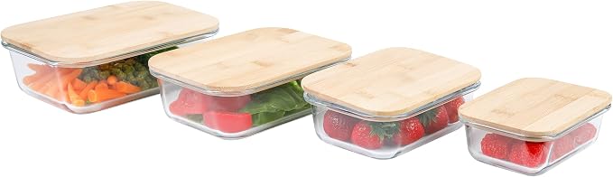 axentia Glass Food Storage Containers Set of 4 Transparent Wood