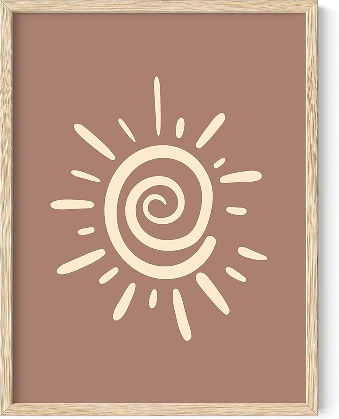 Abstract Spiral Sun Wall Art Swirl Sunburst Print Earth Tones Terracotta Tan Mid Century Modern 12x16 Inch Oak Wood Beige Framed Tribal Boho Decor for Living Room