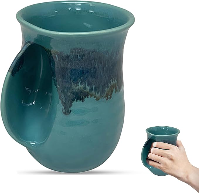 Clay in Motion Hand Warmer Coffee Mug – Handmade Coffee Mug With Comfortable Handle Contoured Pocket Hand Warming Ceramic Coffee Mug – Proudly Made in USA – Left Handed – 14 Oz - Raging Rapid