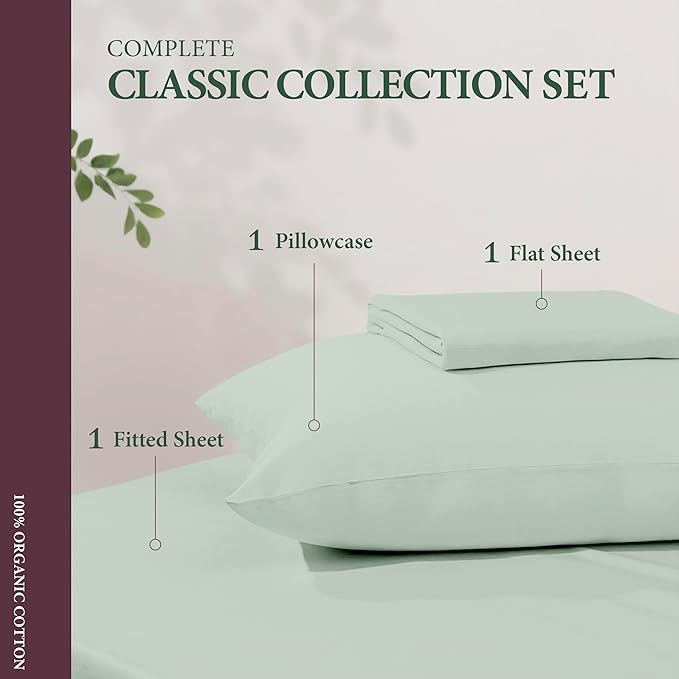 100% Organic Cotton Sheets Twin Size - 3 PC Organic Cotton Twin Size Percale Weave Sheet Set, Soft, Cooling, Crisp & Breathable, 16" Deep Pocket Hotel Quality Bedding Set - Sea Foam