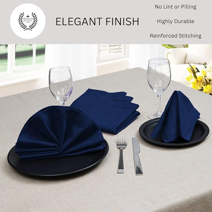 Hemstitch Cloth Dinner Napkins 100% Cotton Set of 12 - for Dining Special Occasions Weddings Parties Holidays Easter - Soft Durable Reusable - 18x18 Inch Table Cloth Napkins Navy Blue