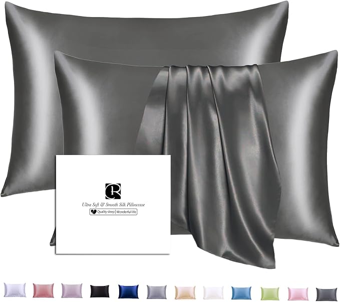 Ravmix Silk Pillow Cases 2 Pack with Zipper, Both Sides 21Momme Mulberry Silk Pillowcase Set of 2 Standard Size 20×26inches for Sleeping Women Men, for Beauty Sleep Hair Skin, Space Grey