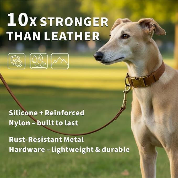 Dog Collar and Leash Set,Leather Silicone Waterproof Odor-Proof Dog Collar and Leash for Small Dogs, Soft Flexible Dog Collars, Durable Thick Adjustable Pet Collar (Brown, Small (11-15.5" Neck))
