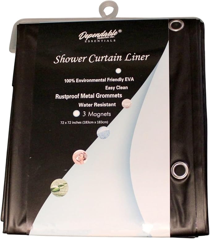 Dependable Industries inc. Essentials EVA Shower Curtain Liner - Water-Resistant, Rustproof Metal Grommets, 3 Magnets Bottom, Easy Clean, 72" x 72" Size (Black)