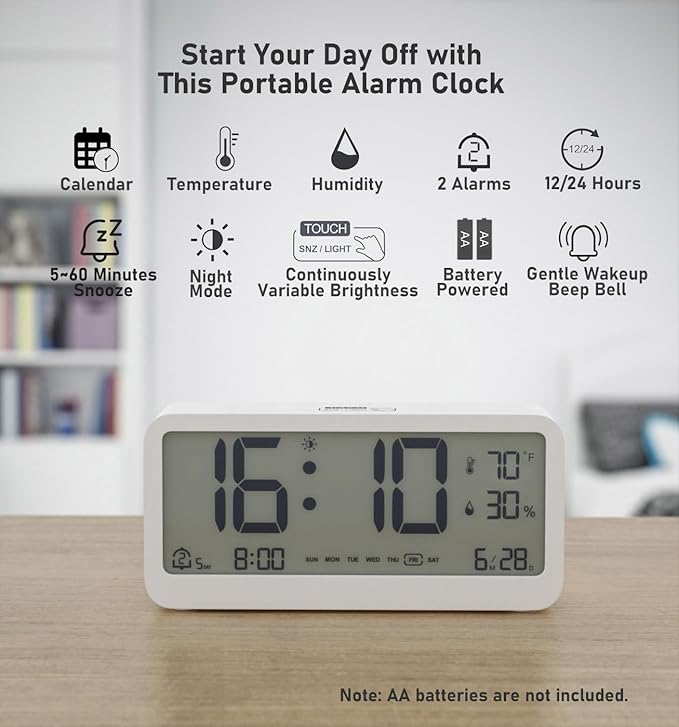 Digital Alarm Clock Battery Powered with Date | Indoor Temperature | Humidity | LCD Display | Dual Alarms | Snooze and Backlight Desk Small Clock (White)