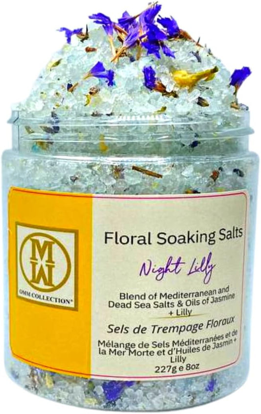 OMM Collection Natural Floral Soaking Bath Salt - Detox Body & Foot Soak - Pink Himalayan & Dead Sea Salt Flakes - Relaxing Bath Soak (Night Lily)