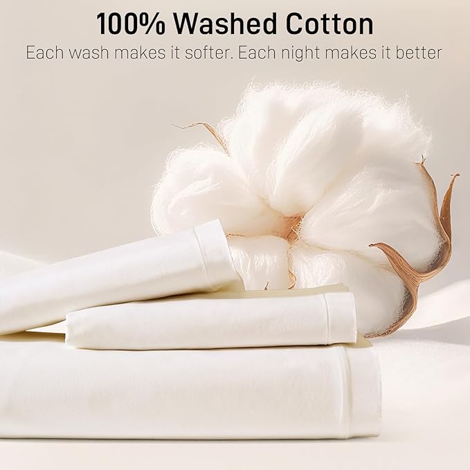 Duvet Cover Set Twin Size, 100% Washed Cotton, Light Weight Breathable Comforter Cover Linen Feel, 2PCs Breathable Bedding Set for All Season, White 68"x90"