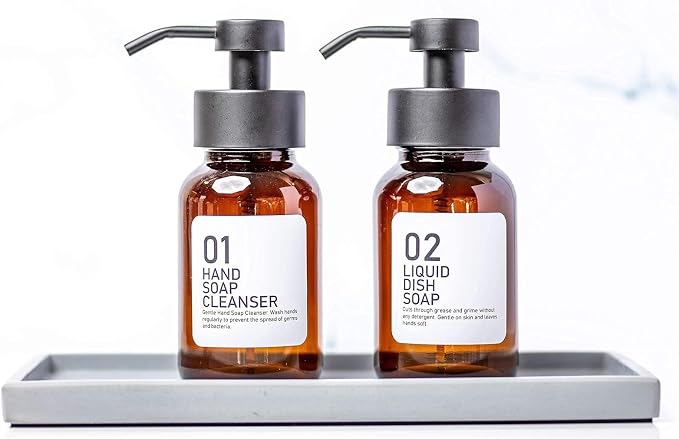 Lotion Dispenser Hand and Dish Soap Dispenser Set for Kitchen Amber Glass Bottles Soap Pump