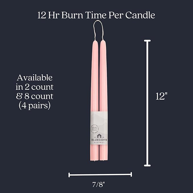 Bluecorn Beeswax Taper Candles, 100% Pure Natural Bees Wax, Pair of 12 Inch Light Pink Tapered Candlesticks, Clean Burning & Dripless, Fragrance Free, Long Lasting, Home Decor, American Made,1 Count