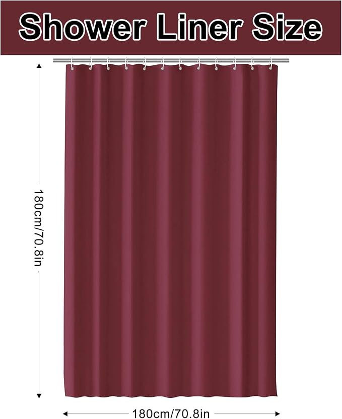 timecity Dark Red Shower Curtain Liner with 3 Magnets Plastic Shower Curtain Thickened Waterproof Quickdrying Shower Curtain Set with 12 White Plastic Hooks Shower Liner for Bathroom Shower,71x71inch
