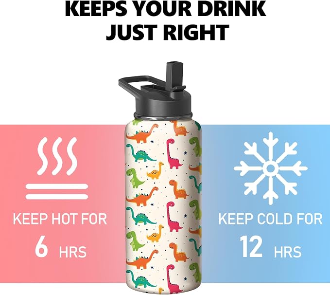 18oz Cute Dinosaur Water Bottle with Handle and Flip Straw, Animal Sports Stainless Steel Insulated Cup Travel Coffee Mug Tumbler, Birthday Mothers Day Chritmas Gifts for Women