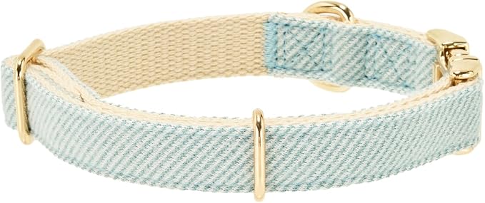 Luxury Soft Cotton Tweed Fabric Dog Collar & Leash Set with Gold Buckle – Durable Fabric, Stylish Design for Everyday Walks(Large LtBlue)