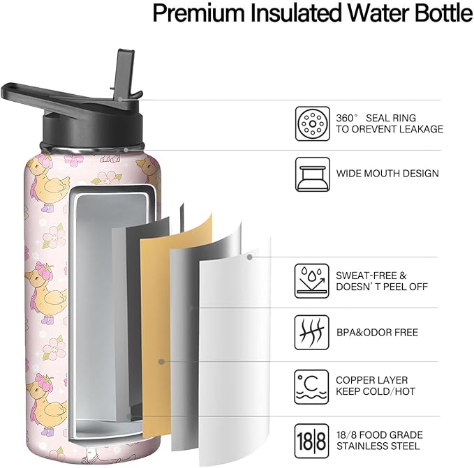 32oz Pink Duck Water Bottle with Handle and Flip Straw, Animal Sports Stainless Steel Insulated Cup Travel Coffee Mug Tumbler, Birthday Mothers Day Chritmas Gifts for Women