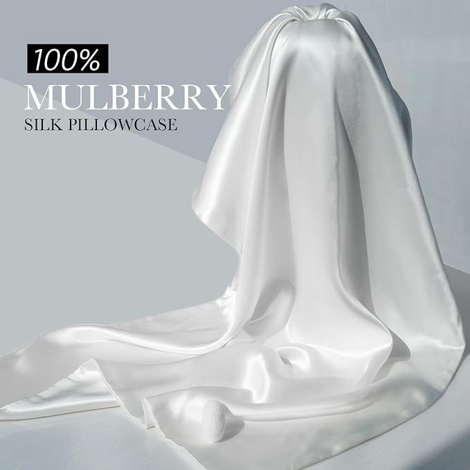 100% Mulberry Silk Pillowcase for Hair and Skin, 22 Momme Pure Natural Silk Pillow Case Both Sided with Zipper, Pillow Cover for Women Mom Men (White, Queen 20''×30'', 1 Pack)