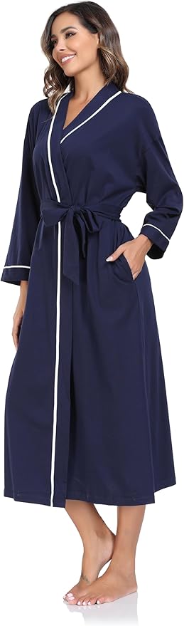 COLORFULLEAF 100% Cotton Women's Robes Summer Lightweight Kimono Soft Long Cotton Bathrobe for Women with Pockets