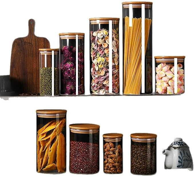 3-Piece sealed food storage containers, borosilicate glass jars with bamboo and wood lids, 2.6 to 4-inch diameter pantry jars, various sizes 2.6x2.4in to 4x11.8in.