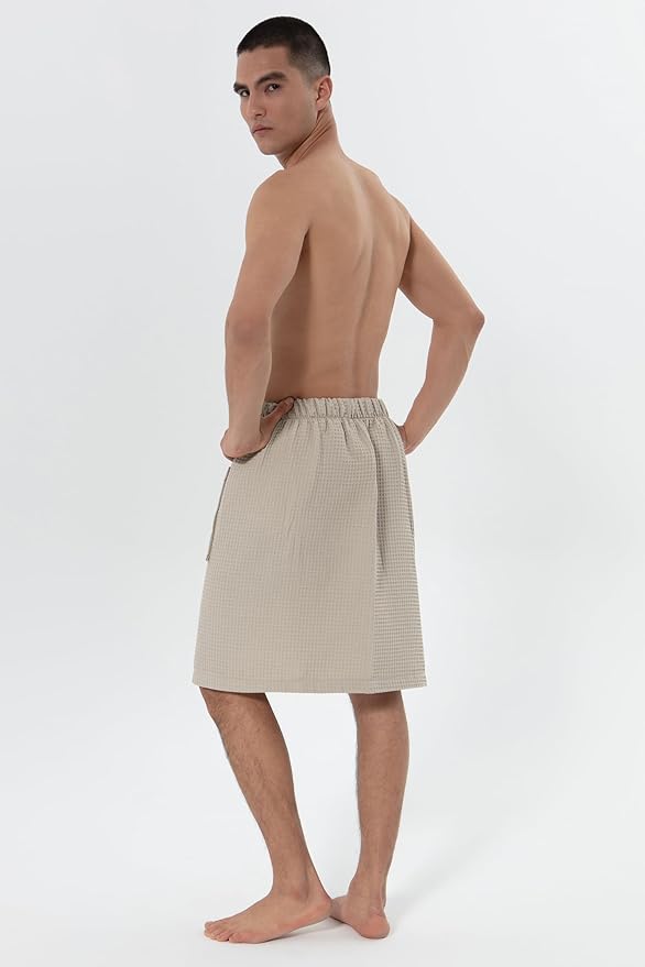 SEYANTE Men's Organic Waffle Spa Wrap – GOTS Certified 100% Turkish Cotton, Adjustable Closure, Same-Color Piping
