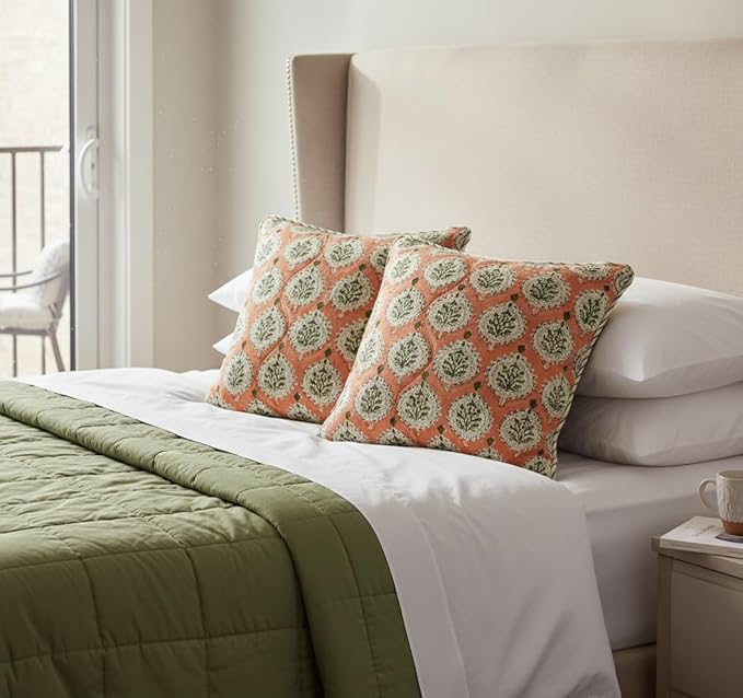 ATOSII Block Print Throw Pillow Covers, 18" X 18" - Set of 2, Decorative Couch Pillows for Living Room Bed Sofa, 100% Cotton Canvas Pillow Case for Home Decor & Outdoors, Preppy Throws - Kari