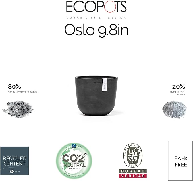 Ecopots Oslo Durable Modern Round Indoor/Outdoor Recycled-Based Composite Flower Pot Planter, White Grey, 17.75"