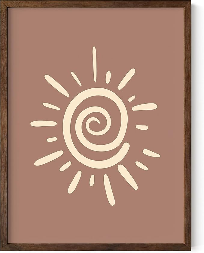 Abstract Spiral Sun Wall Art Swirl Sunburst Print Earth Tones Terracotta Tan Mid Century Modern 12x16 Inch Oak Wood Walnut Framed Tribal Boho Decor for Living Room