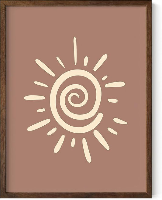 Abstract Spiral Sun Wall Art Swirl Sunburst Print Earth Tones Terracotta Tan Mid Century Modern 12x16 Inch Oak Wood Walnut Framed Tribal Boho Decor for Living Room