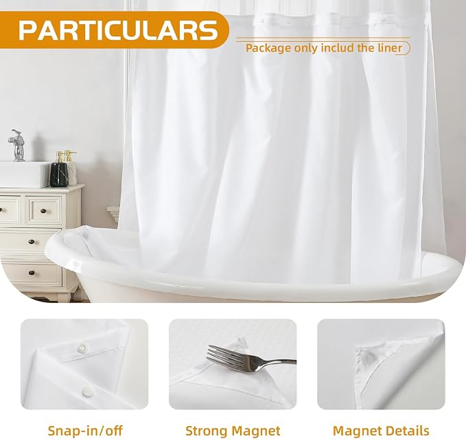 eachope 1 Pack Long Fabric Snap-in Shower Curtain Liner Replacement,Compatible with No Hook Shower Curtain with Snap in Liner, Removable & Water-Repellent,Machine Washable,70x60,White