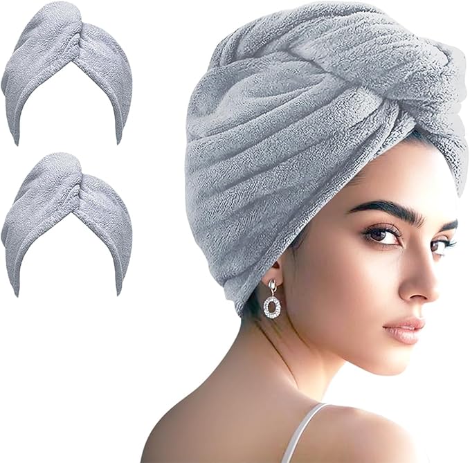 Microfiber Hair Drying Towel Wrap for Women, Hair Turbans Towel for Wet Hair,turbie Twist Hair Towels(The Color of the Picture is for Reference only) (Gray,Gray)