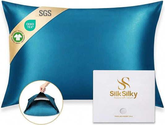 SilkSilky 100% Mulberry Silk Pillowcase - Pure 22 Momme High-Grade 6A Fibers for Hair & Skin, Envelope Closure, Natural, Organic, Breathable & Cooling Pillow Case (King, Teal)
