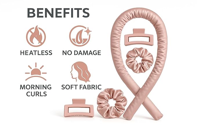 Heatless Hair Curler Set for Women - Satin No-Heat Curling Rod with 2 Scrunchies & Hair Clip, Overnight Heatless Curls for All Hair Types (Pink)