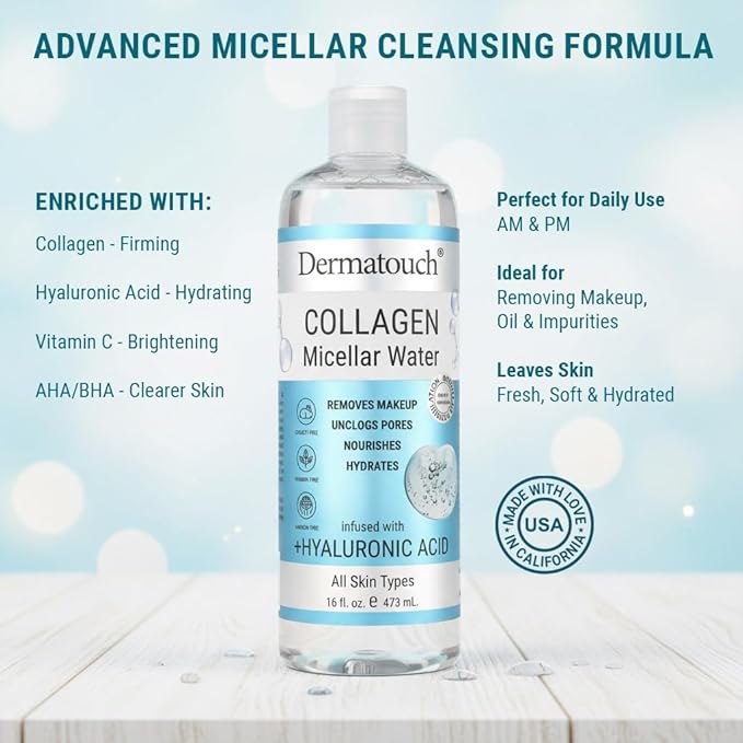 Dermatouch Collagen and Hyaluronic Acid Micellar Water, Daily Toner and Makeup Remover With Vitamin C and Aha/Bha, Nourishing Formula, Gentle for All Skin Types, Clean Skin Care, Made in USA, 16 Fl Oz