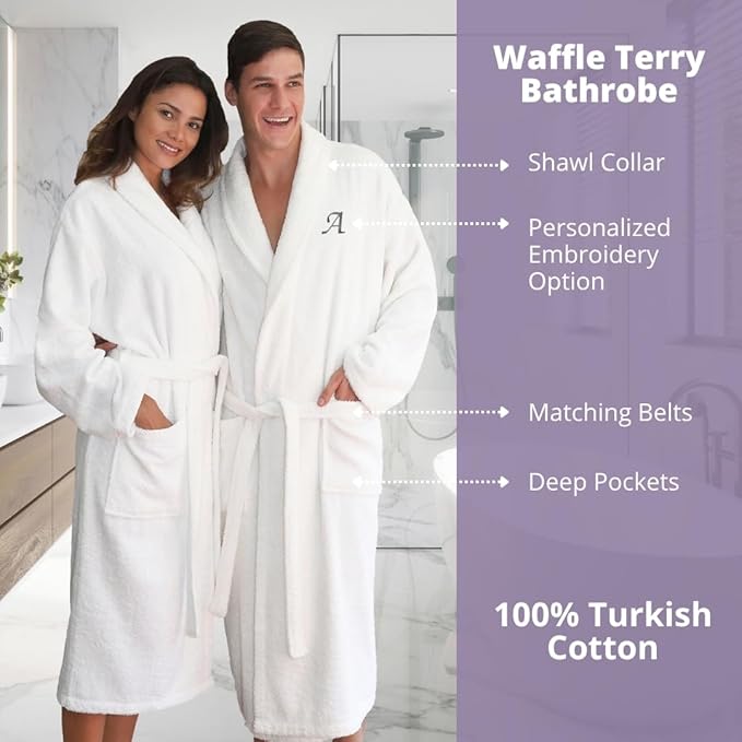 Luxury Turkish Cotton Bathrobe for Women & Men, Waffle Terry Shawl Collar Spa Robe with Satin Trim & Pockets