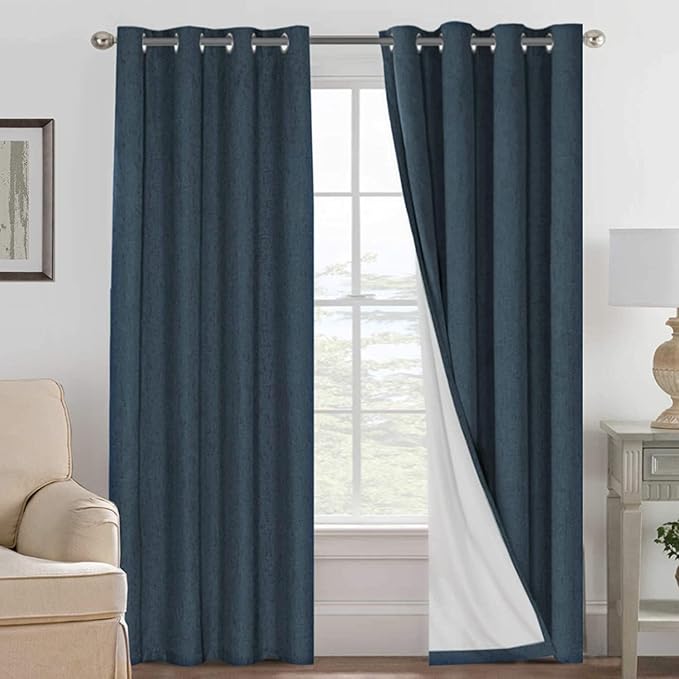 H.VERSAILTEX Blackout Curtains Linen Curtains 120 inches Long 100% Black Out Curtains for Bedroom Windows, Textured Linen Look Draperies Grommet with White Liner, 2 Panels, Navy