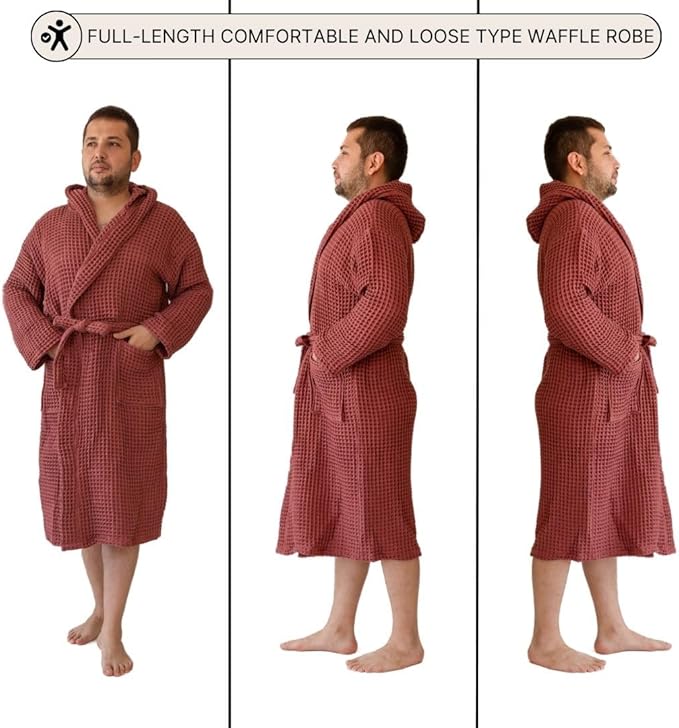 Unisex Hooded Waffle Robe for Women & Men 100% Turkish Cotton | Quick-Dry Bathrobe | Cozy Housecoat for Lounging
