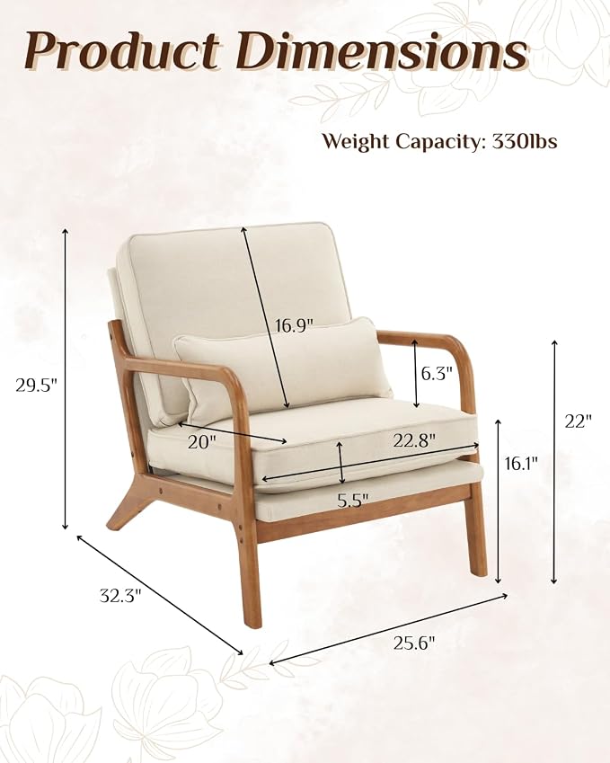 Karl home Mid-Century Modern Accent Reading Chair, Beige | Linen Upholstered, Solid Wood Frame, Soft Cushion, Lumbar Pillow, Lounge Armchair for Living Room, Bedroom, Balcony, Study