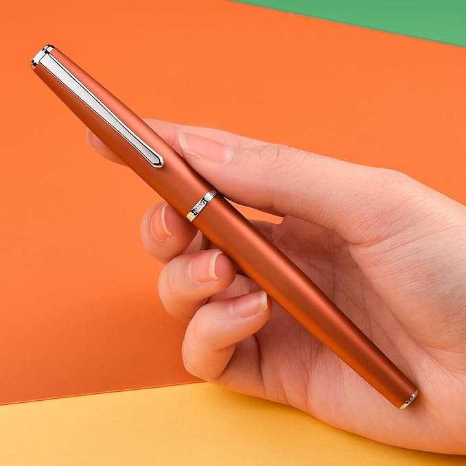 Hongdian 920 Orange Metal Fountain Pen, Steel Fine Point Classic Pen, Includes Refillable Converter and Pen Pouch