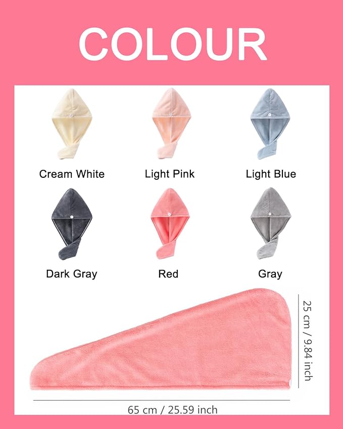 Lumimi Hair Towel Wrap 4 Pack for Women - Microfiber Fast Dry Turban, Anti Frizz Button Design, Lightweight Absorbent Hair Cap for Straight/Curly/Long Hair, 25cm x65cm Travel Towel (4 Colors)