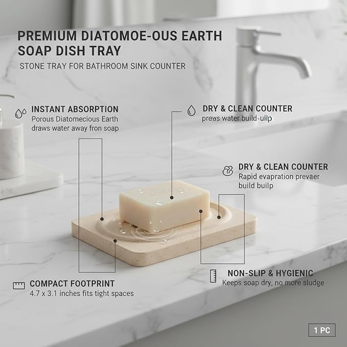 Diatomaceous Earth Soap Dish Tray, Stone Tray for Bathroom Sink Counter, 4.7 x 3.1 Inch (1 PC)