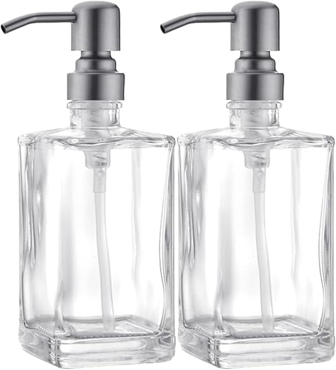 Glass Soap Dispenser Set, Brushed Nickel Stainless Steel Pump & Clear Square Glass Soap Dispenser Bottle, 2 X 13.5oz Refillable Liquid Hand Soap Jar for Kitchen & Bathroom