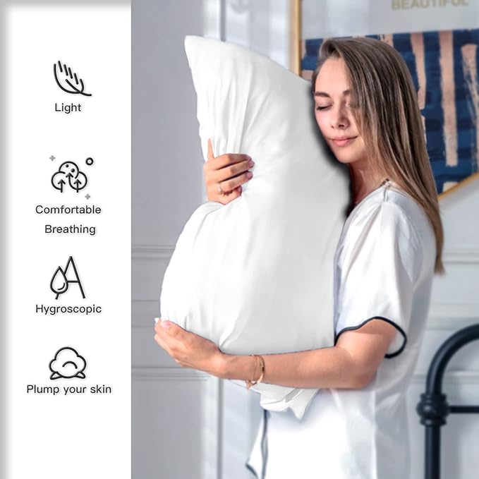 Natural Mulberry Silk Pillowcase for Hair and Skin Queen Size 20"X30" Pillow Case with Hidden Zipper Soft Breathable Smooth Cooling Silk Pillow Covers for Sleeping (White,Queen,1Pcs)