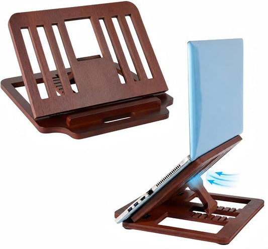 Bamboo Foldable Laptop Stand Holder, 6-Level Adjustable Ergonomic Notebook Riser with Heat Dissipation for 10-17 Inch Laptops, MacBook, Tablet (Dark Brown)