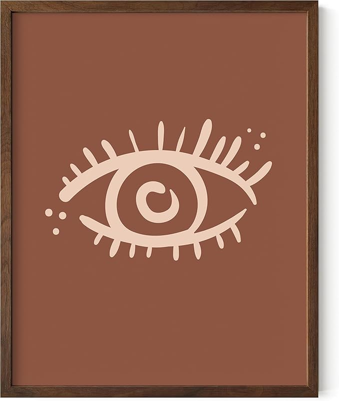 Mystical Evil Eye Wall Art Nazar Protection Symbol Earth Tones Terracotta Mid Century Modern 11x14 Inch Oak Wood Walnut Framed Boho Spiritual Decor Print for Home