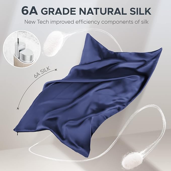100% Pure Mulberry Silk Pillowcase for Hair and Skin - Allergen Resistant Dual Sides,600 Thread Count Silk Bed Pillow Cases with Hidden Zipper,1pc,Standard Size,Blue