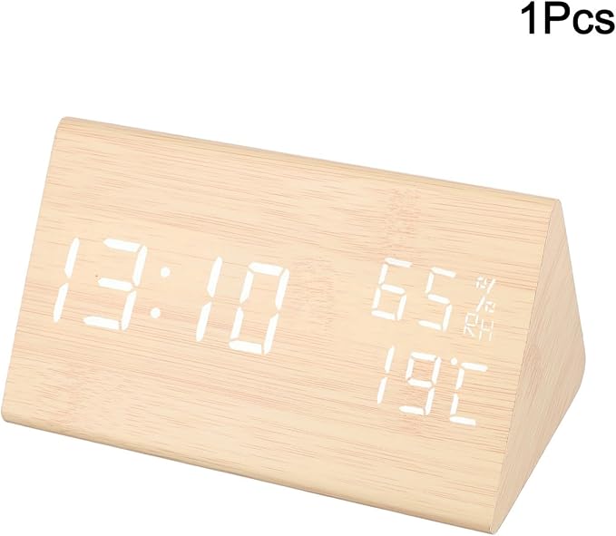Wooden Digital Alarm Clock with Temperature and Humidity Display, LED Screen Makeup Mirror Function, 12/24 Hour Format for Bedroom Living Room Desk Decor