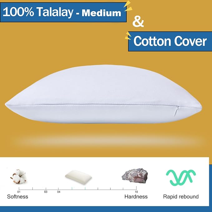 Talalay 100% Natural Premium Latex Pillow,Bed Pillow for Sleeping with Removable Cotton Cover, Helps Relieve Pressure, Breathable, Pressure Relief, Durable, Best Gift (1, Standard (Mid Loft))
